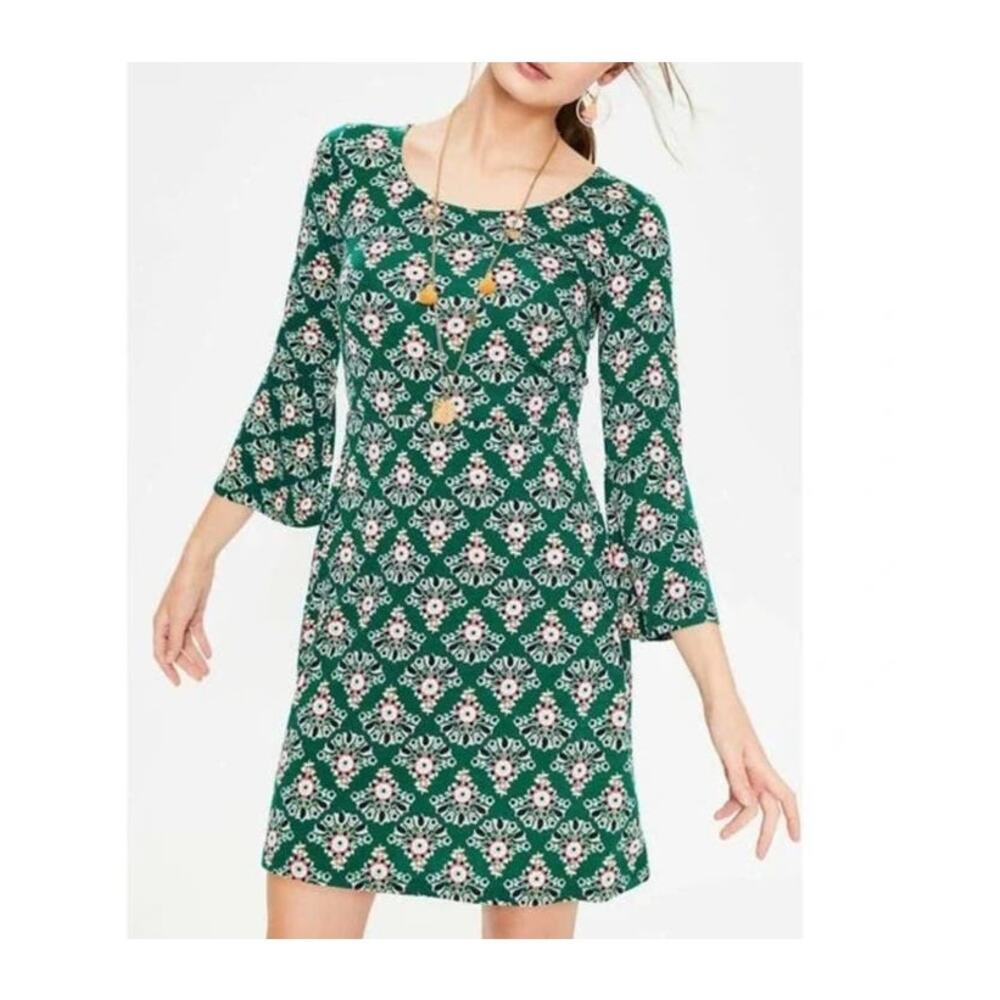 Boden Womens Miriam Jersey Dress 18L Green Floral Scoop Neck Bell Sleeve Stretch